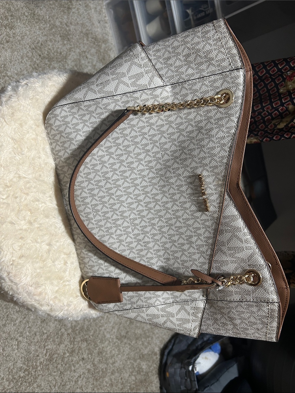 Michael Kors Beige Signature Logo Tote with Brown Trim and Gold Hardware